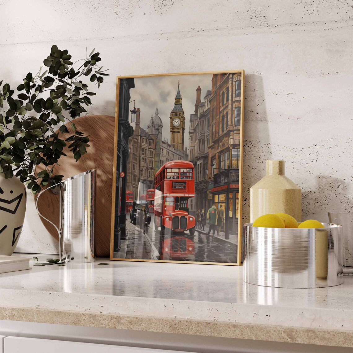 London Red Bus Rainy Westminster Street Vintage Oil Painting Poster - Image 2