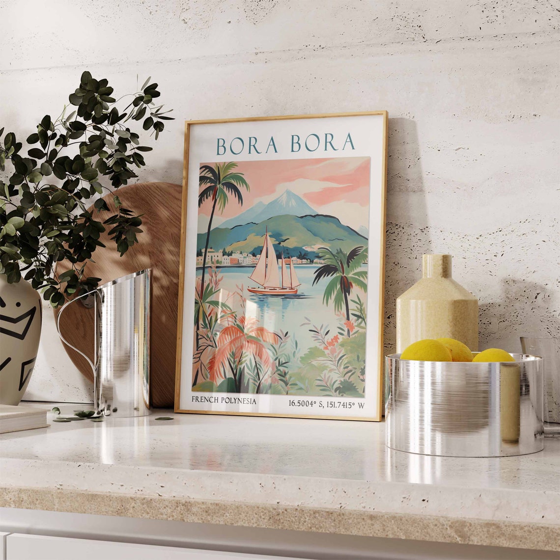 Sailboat on a Bora Bora Lagoon Beneath a Volcanic Peak Poster - Image 3
