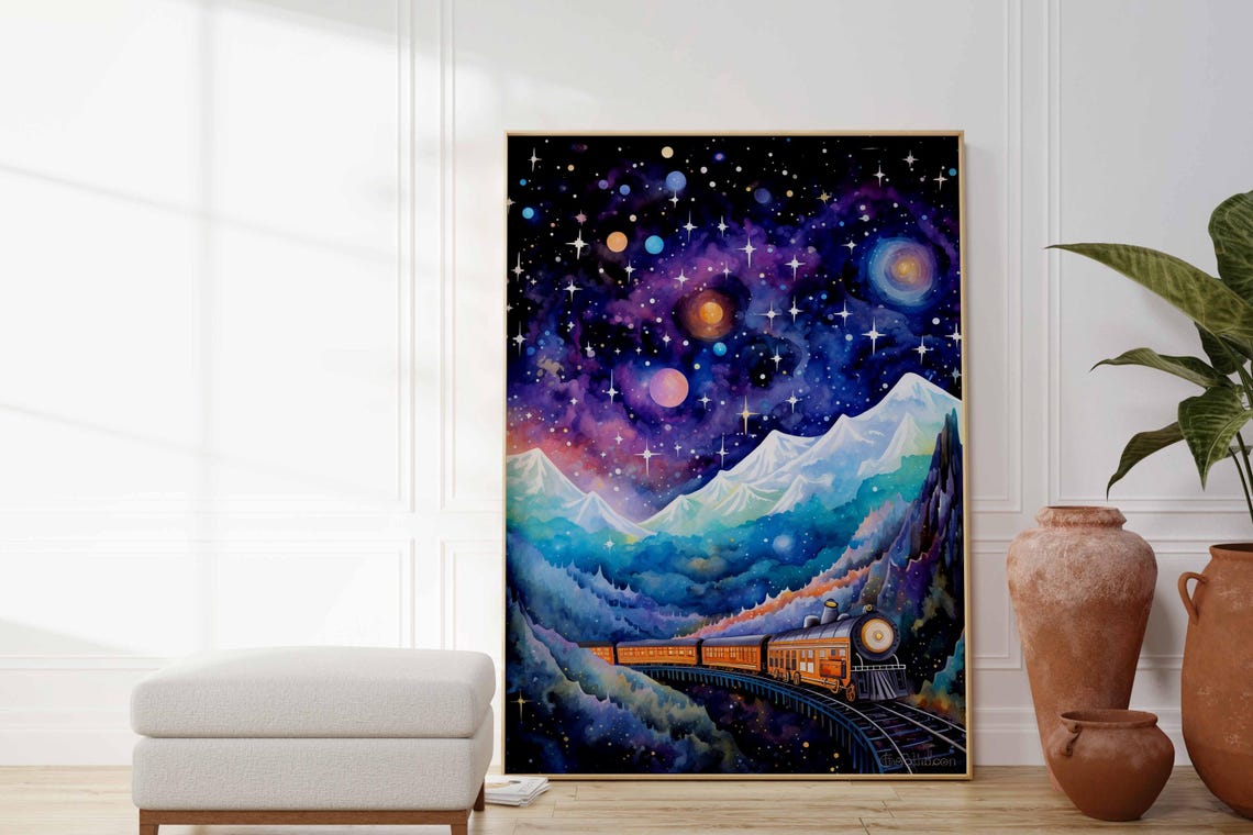 Galaxy Night Sky Train Crossing Trestle Starlit Mountains Poster - Image 2