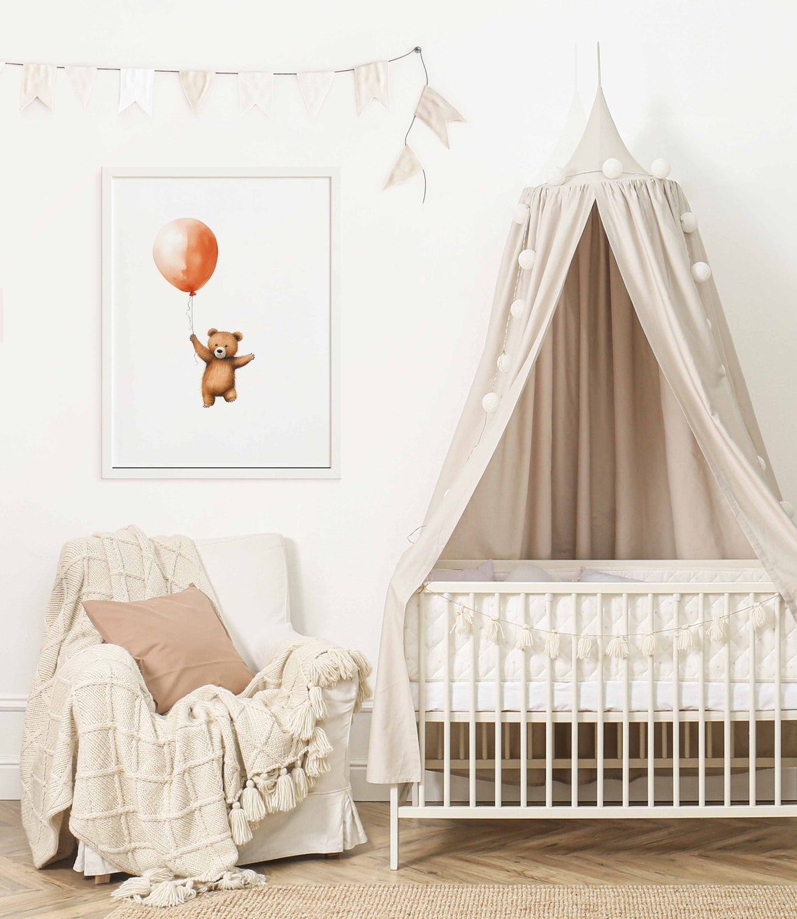 Teddy Bear Floating with an Orange Balloon Watercolor Poster - Image 2