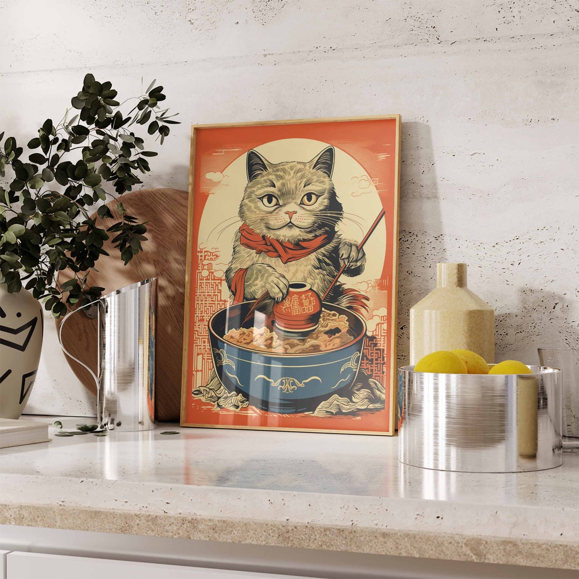 Japanese Cat Cooking Ramen Pot Vintage Ukiyo-E Chef Gift Poster - Image 3