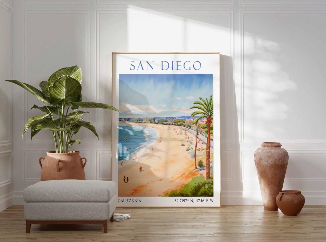 San Diego California Beach Palm Trees Oceanfront Boardwalk Poster - Image 2