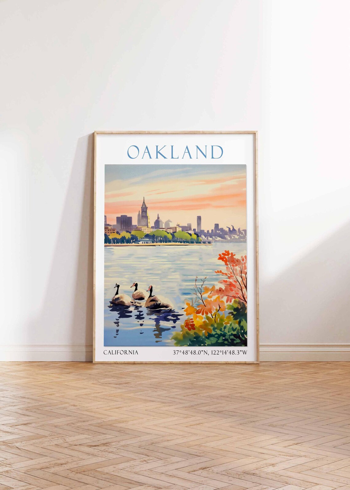 Oakland California Lake Merritt Sunset Watercolor Travel Poster
