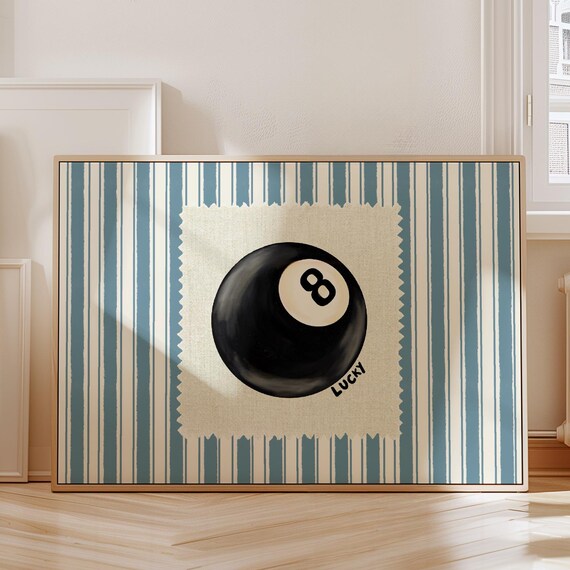 Lucky 8 Ball Billiards Landscape Blue Stripe Retro Art Poster