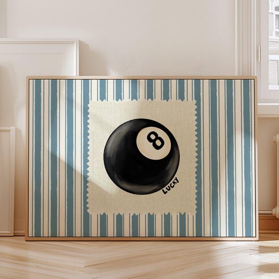 Vintage 8 Pool Ball Print Retro Handdrawn Wall Art Trendy Bar Cart Poster Blue Stripe For Apartment