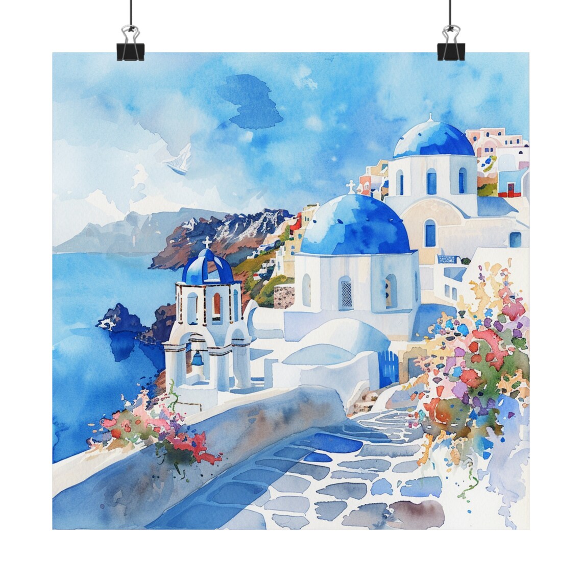 Santorini Blue Domes Watercolor Painting of Aegean Sea Villages Poster
