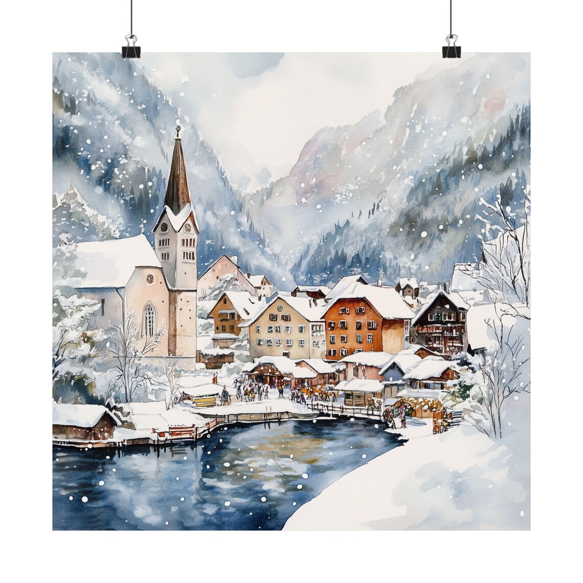 Snowy Hallstatt Austria Village Lake Watercolor Winter Travel Poster