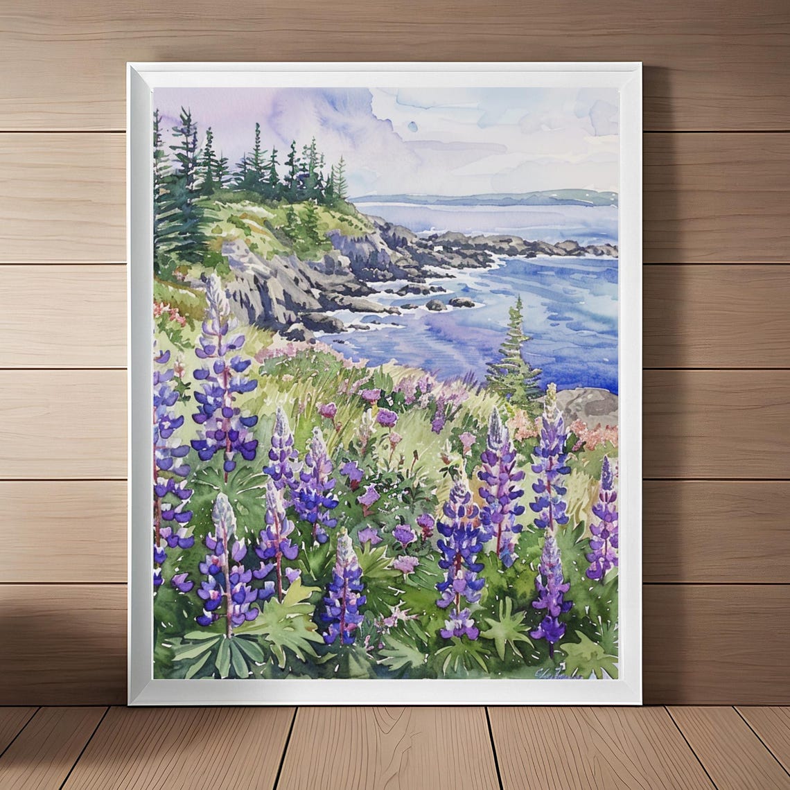 Maine Coastal Lupine Wildflowers Watercolor Rocky Shore Poster
