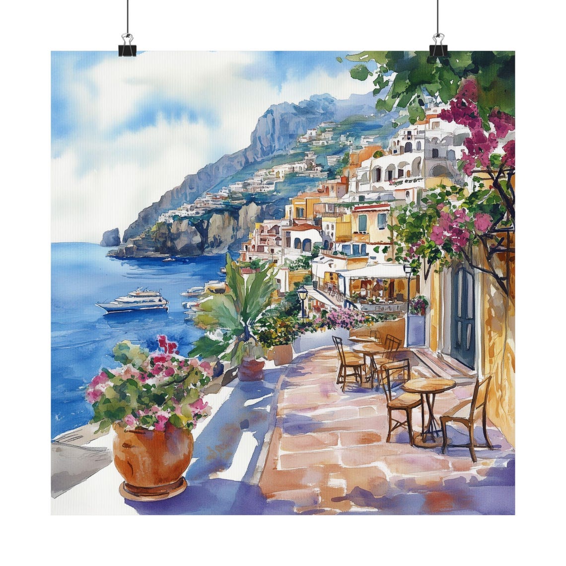 Positano Amalfi Coast Watercolor Terrace Seaside Travel Poster