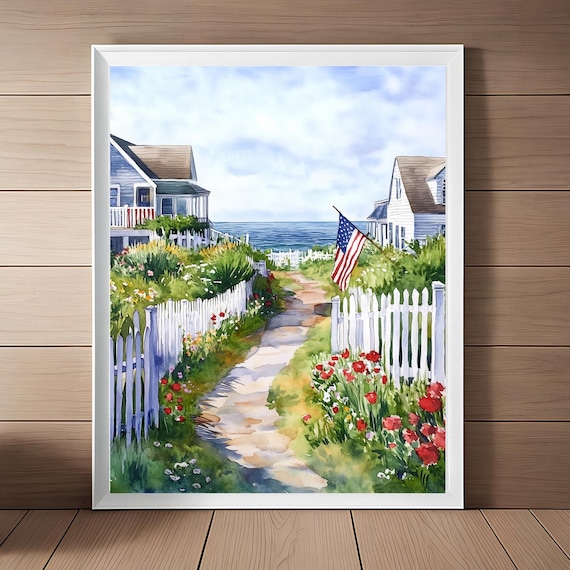 Nantucket Flower Lined Path To Beach Watercolor Coastal Poster