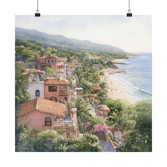 Sayulita Mexico Coastal Surf Town Beach Watercolor Travel Poster