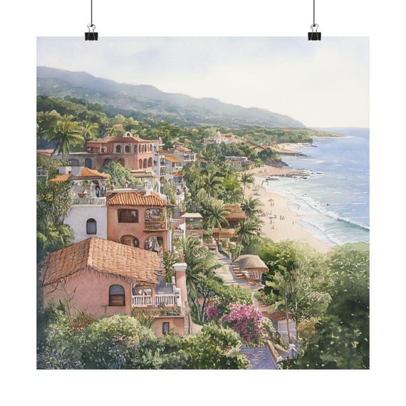 Sayulita Mexico Watercolor Painting Mexican Wall Art Print Coastal Landscape Travel Poster Gift