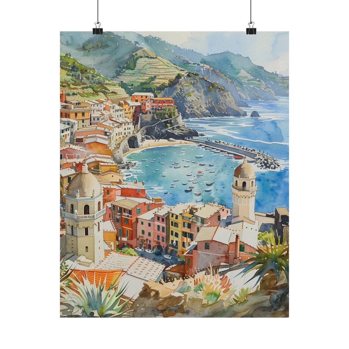 Cinque Terre Coastal Village on the Italian Riviera Watercolor Poster