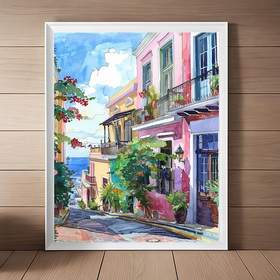 Old San Juan Watercolor Street Print With Colonial Balconies