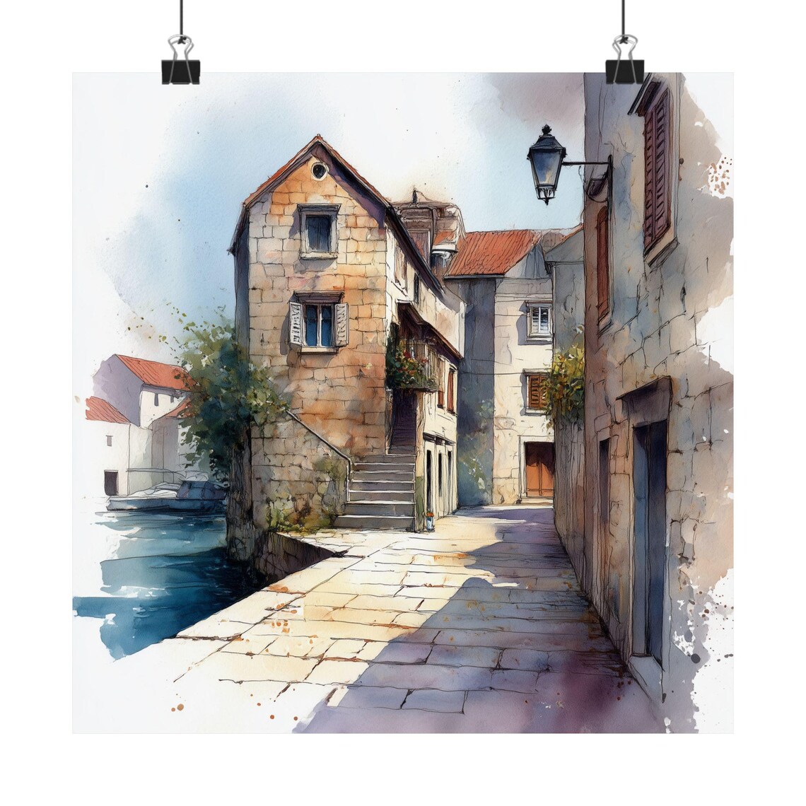 Hvar Island Croatia Old Town Waterfront Watercolor Travel Poster