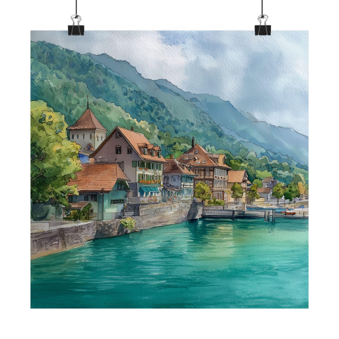 Lake Brienz Swiss Alps Lakeside Village Turquoise Watercolor Poster