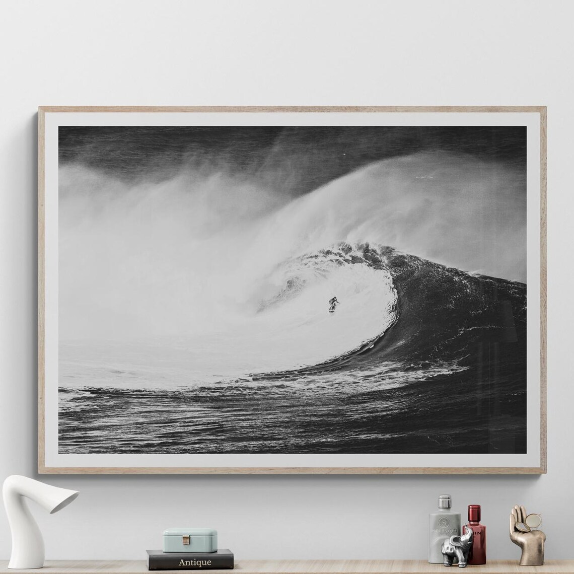 Black and White Surfer Riding Giant Wave Surf Photography Poster