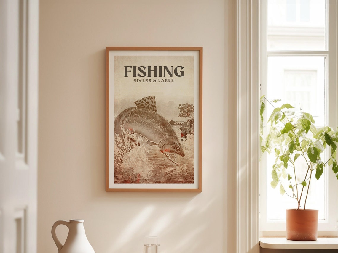 Fishing Rivers and Lakes Vintage Sepia Trout Angler Scene Poster - Image 2