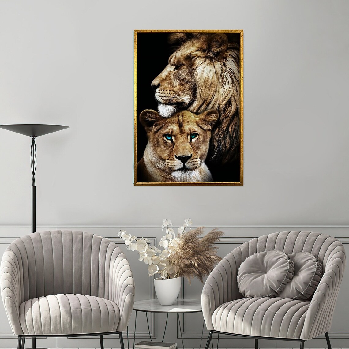 Lion Lioness Pair Portrait Blue Eyes Dark Background Majestic Art Poster