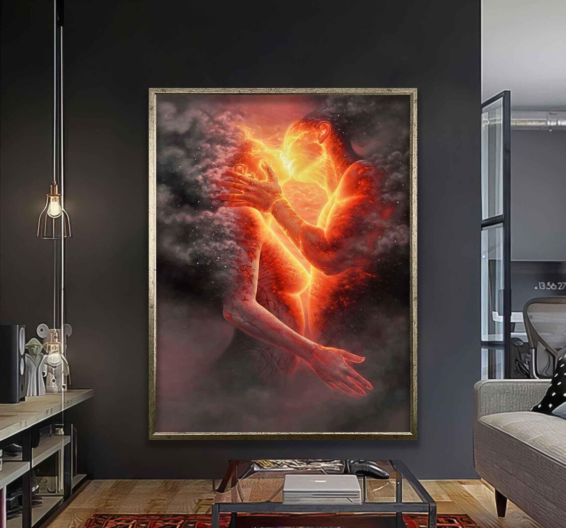 Fiery Passionate Couple Embrace Blazing Love Romantic Abstract Poster