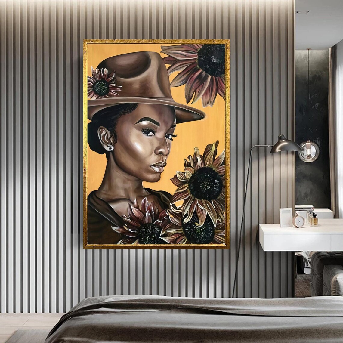 Black Woman in Hat with Sunflowers Golden Yellow Portrait Art Poster