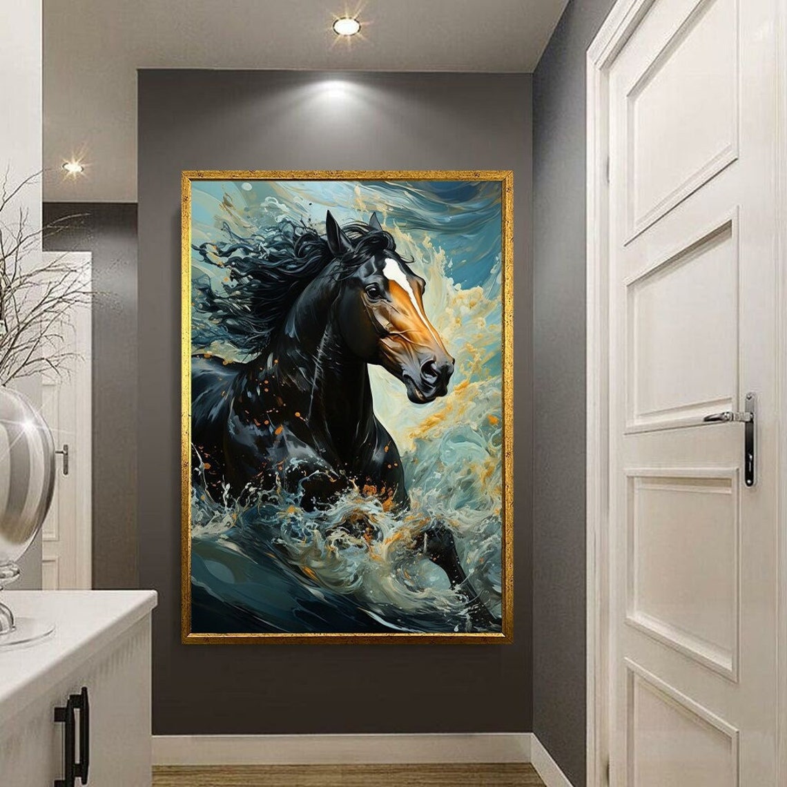 Black Horse Galloping Ocean Waves Dynamic Equestrian Wall Poster