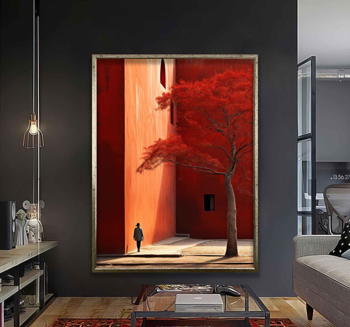 Red Wall And Tree Minimalist Wall Art Modern Abstract For Living Room Bedroom Or Office Dcor