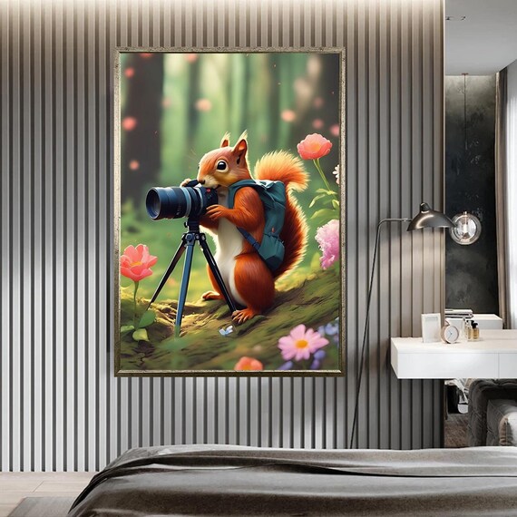 Cute Squirrel Photographer Camera Backpack Forest Flowers Wall Art