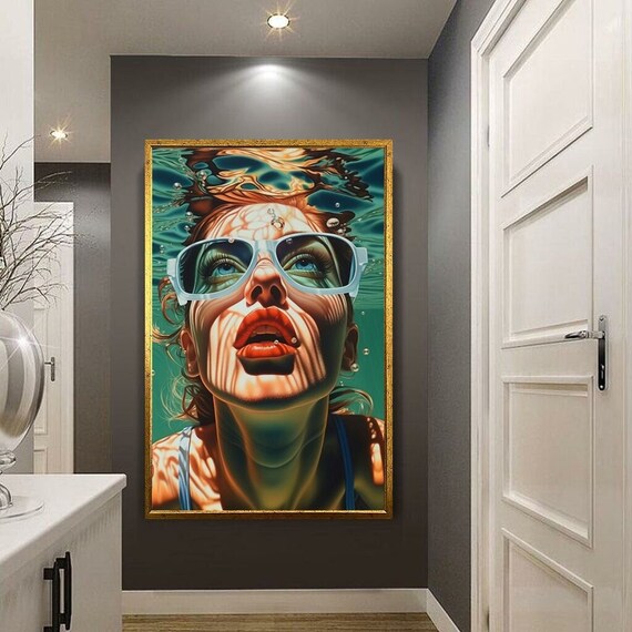 Woman Underwater Sunglasses Red Lips Teal Water Pop Wall Art