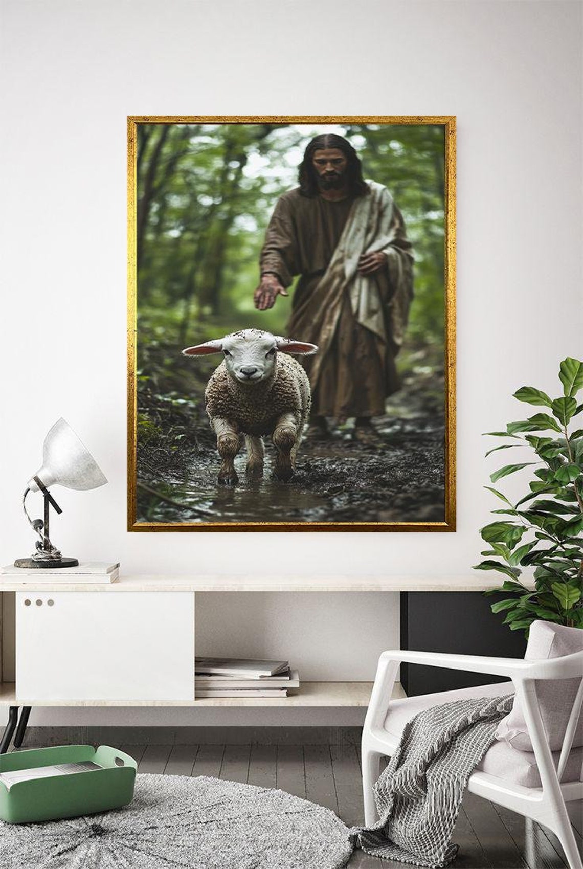 Jesus with Lost Lamb Forest Path Christian Faith Religious Art Poster