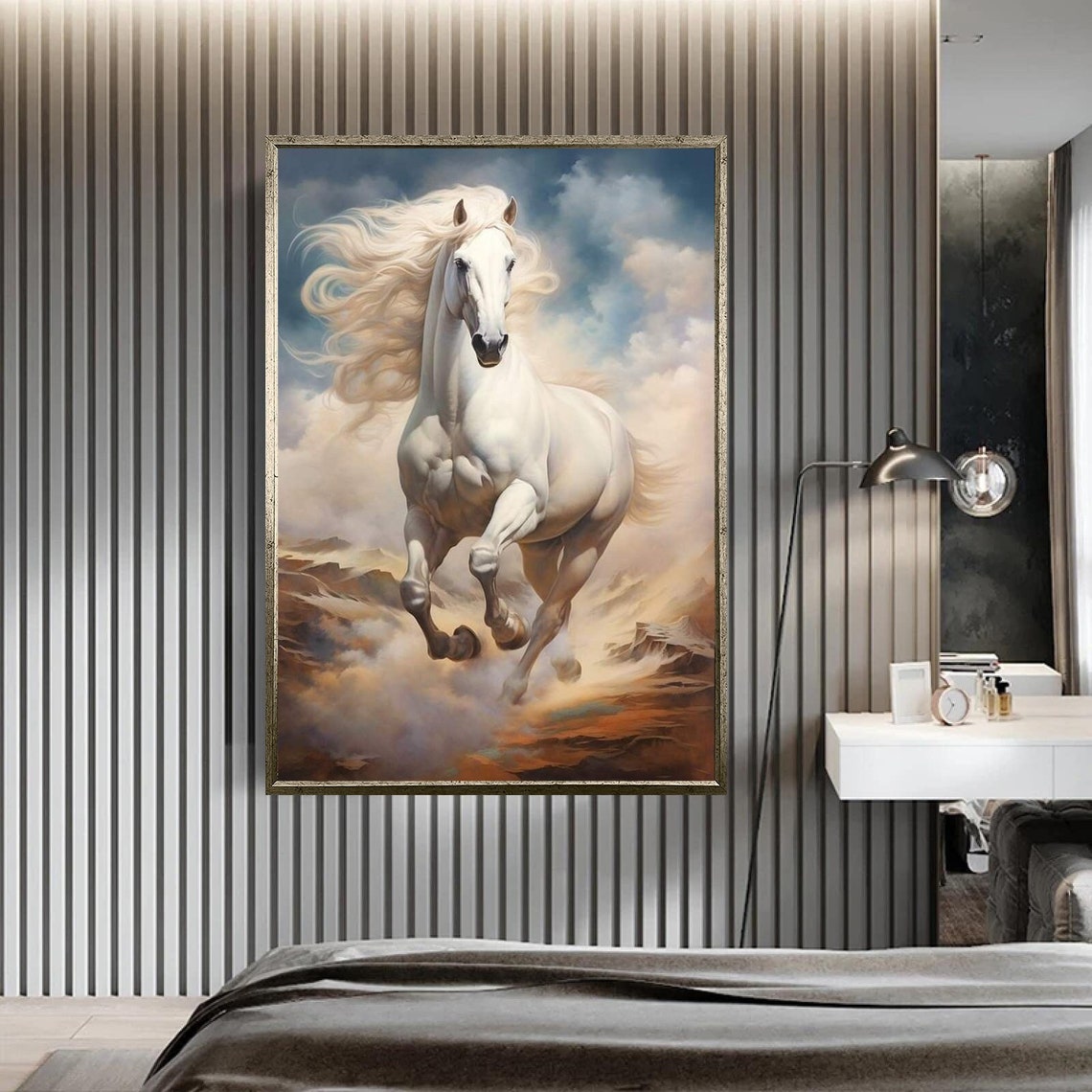 White Horse Galloping Clouds Dust Majestic Dynamic Equine Wall Art