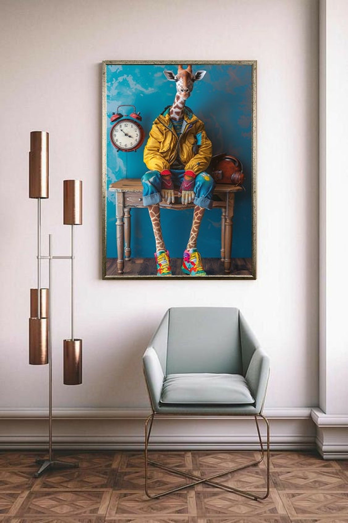 Giraffe Wearing Clothes Sitting Funny Humanized Animal Art Poster