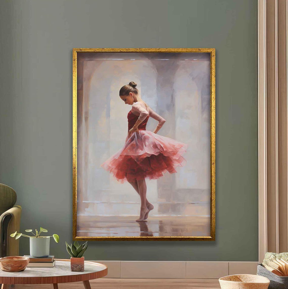 Elegant Ballerina Red Tutu Classical Dance Portrait Painting Poster