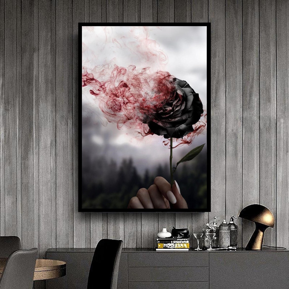 Hand Holding Black Rose Dissolving Red Smoke Dramatic Flower Poster