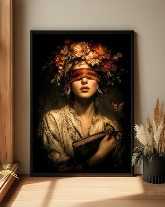 Blindfolded Woman Dark Floral Gothic Academia Portrait Poster