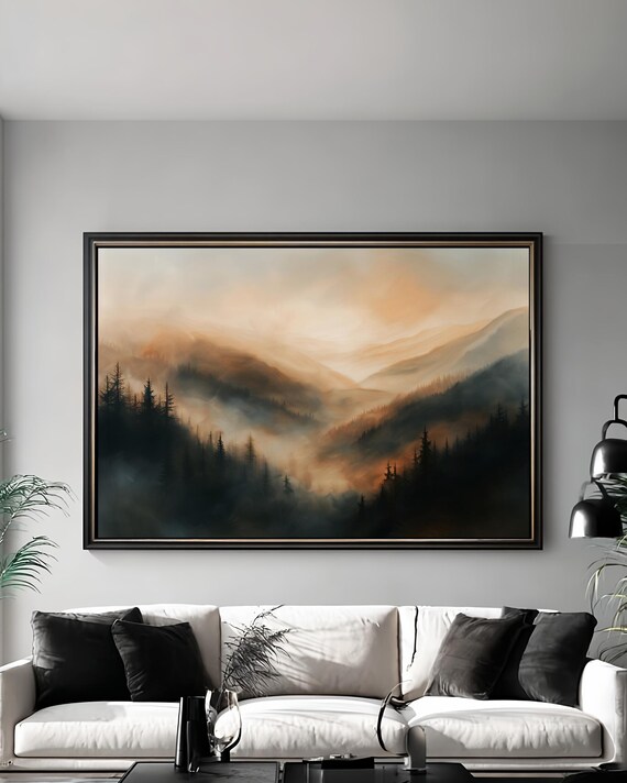 Moody Mountain Landscape Art Print, Misty Forest Valley
