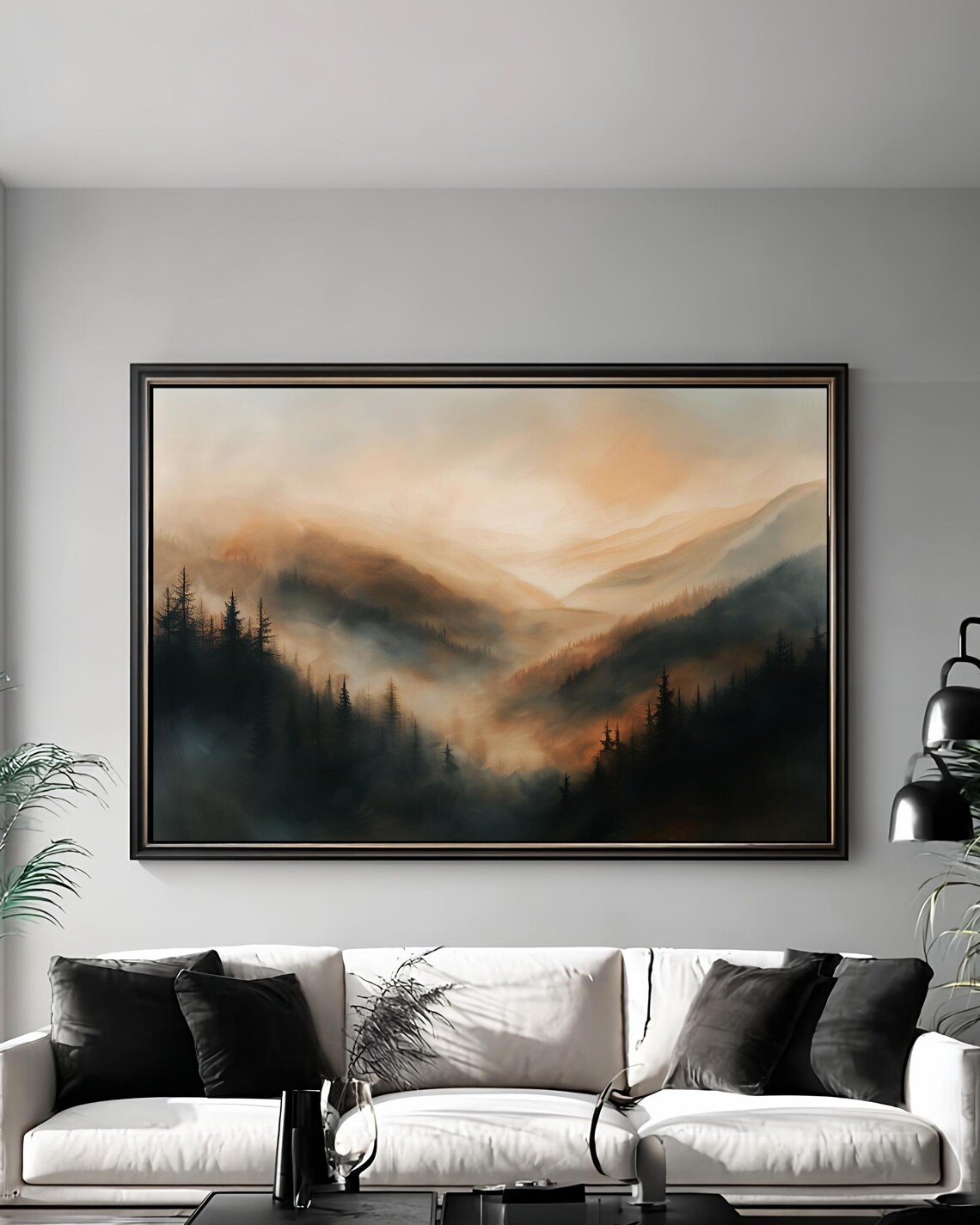 Moody Mountain Landscape Art Print, Misty Forest Valley