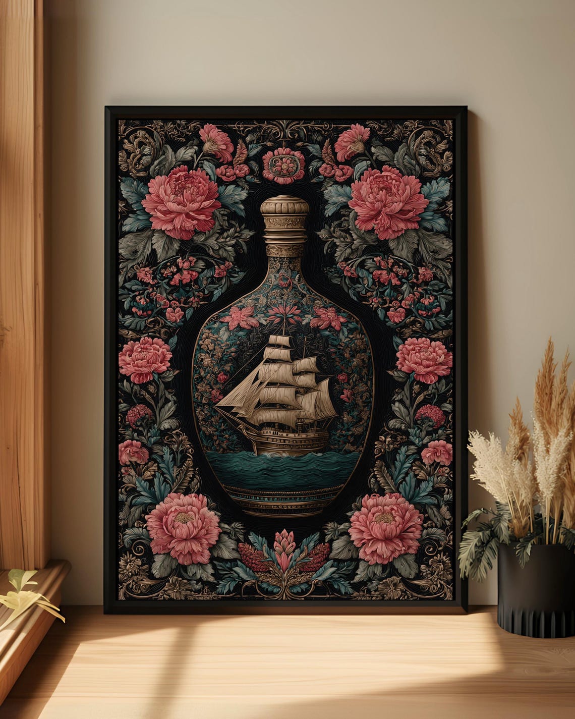 Ship In Bottle Botanical Floral Maximalist Nautical Art Poster