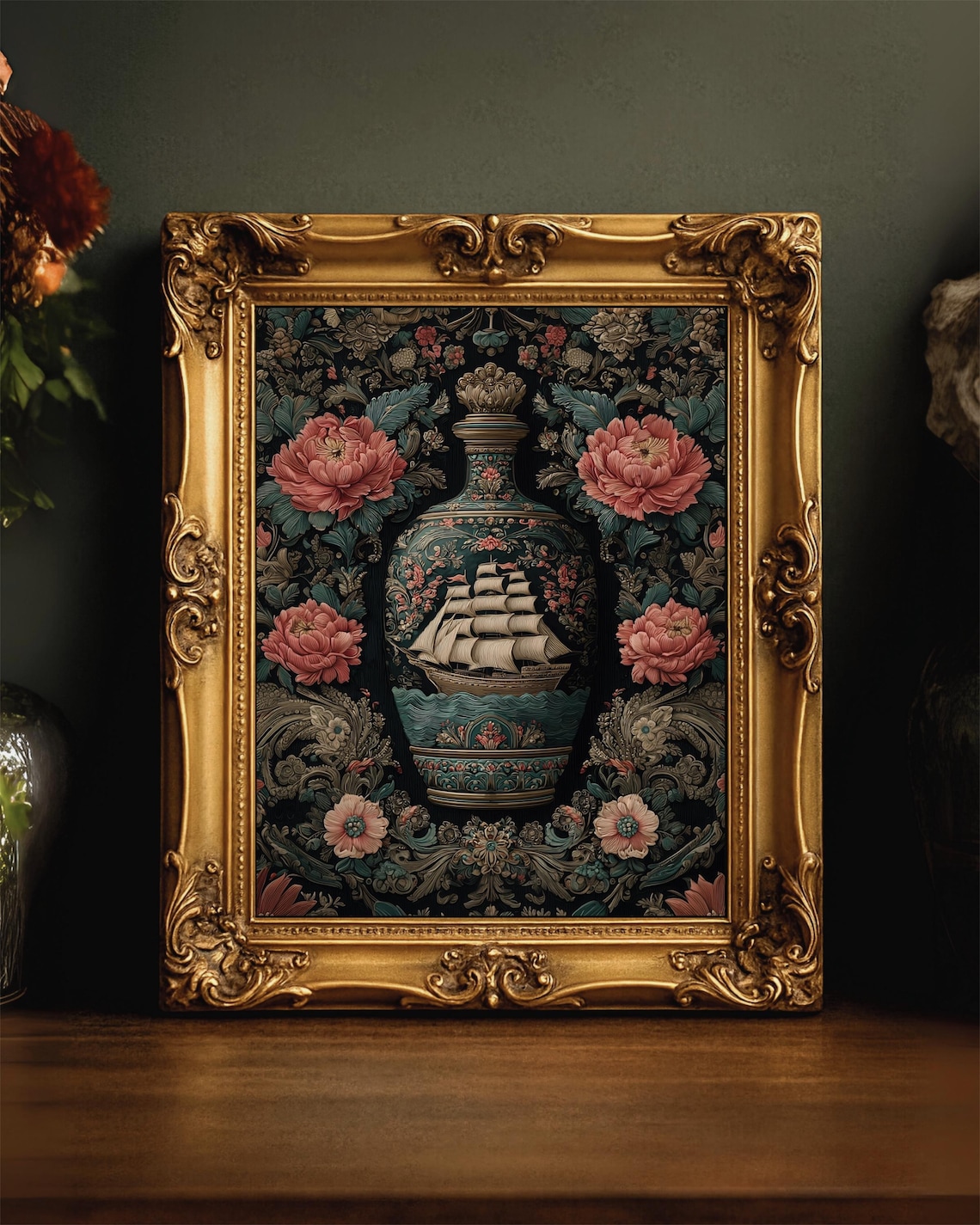 Vintage Tall Ship Vase with Pink Peonies Dark Maximalist Floral Art Poster