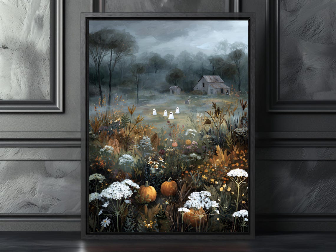 Haunted Autumn Farm Ghosts Pumpkins Foggy Night Vintage Style Poster