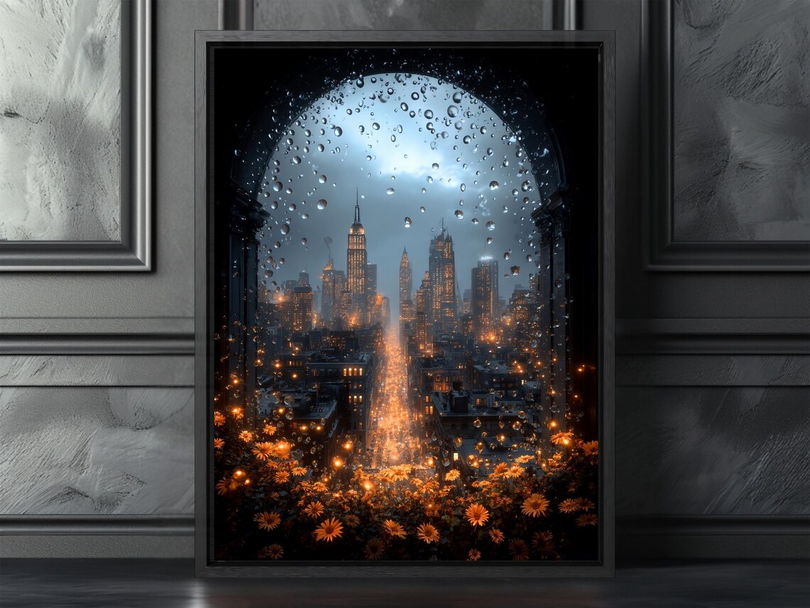 New York City Night Skyline Empire State Rain Window Cityscape Poster