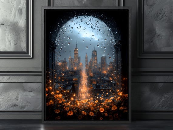 New York City Night Skyline Empire State Rain Window Cityscape Poster