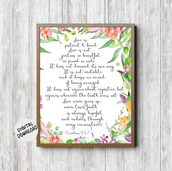 Watercolor Love Scripture Wall Art 1 Corinthians 13 4 7 Floral Border Bible Verse Love Is Patient Kind Christian Nursery