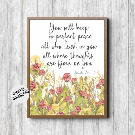 Rustic Scripture Wall Art Isaiah 26 3 Bible Verse Poster Watercolor Wild Flowers Print Christian Art Gift Floral Scripture