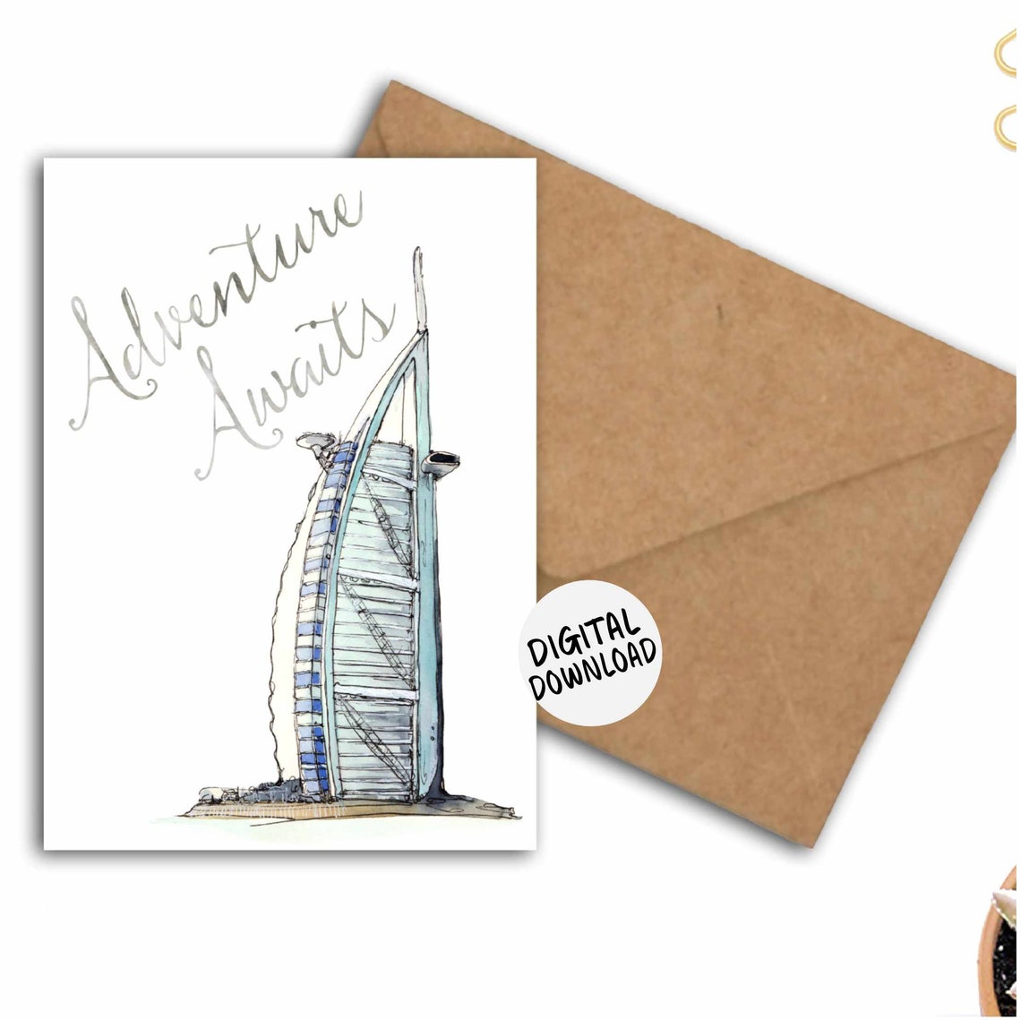 Adventure Awaits Burj Al Arab Dubai Watercolor Travel Card Print