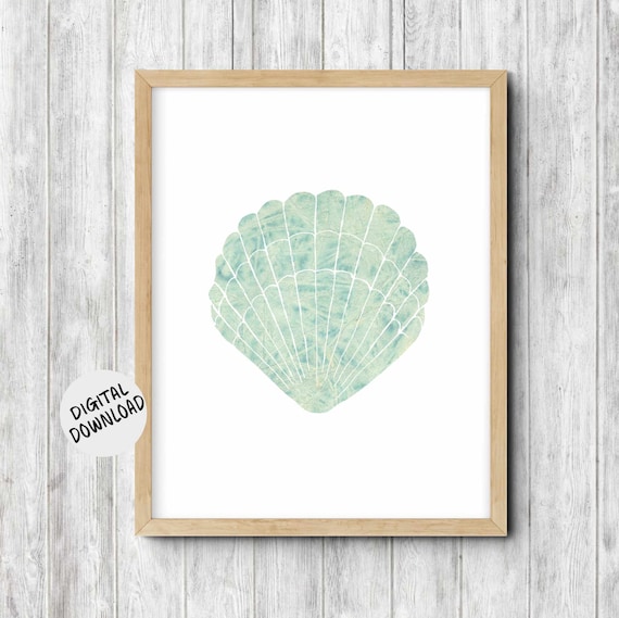 Mint Green Watercolor Scallop Shell Coastal Beach House Art Print