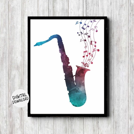 Saxophone Watercolor Silhouette Music Notes Jazz Decor Poster