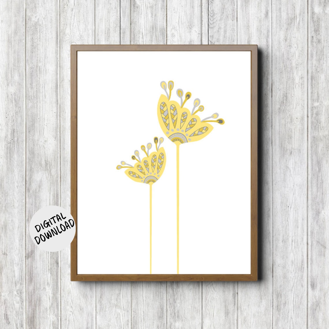 Yellow Gray Decorative Folk Flower Modern Botanical Decor Art Print