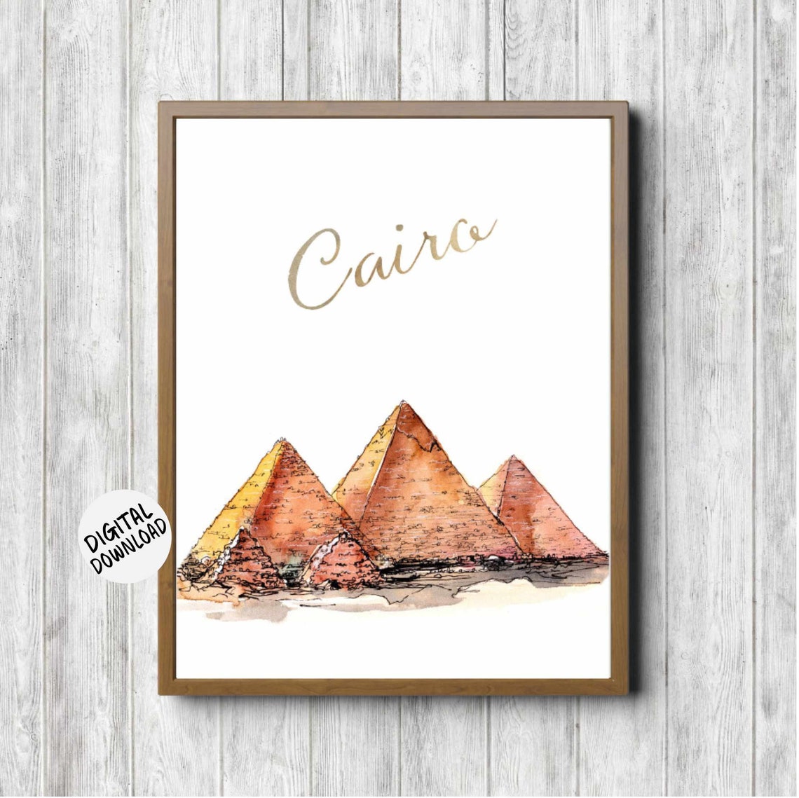 Cairo Pyramids Of Giza Watercolor Gold Script Egypt Travel Poster