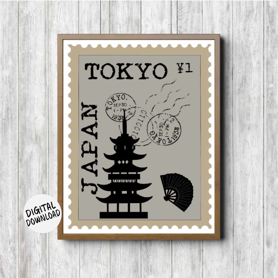 Vintage Tokyo Japan Postage Stamp Pagoda Retro Travel Art Poster